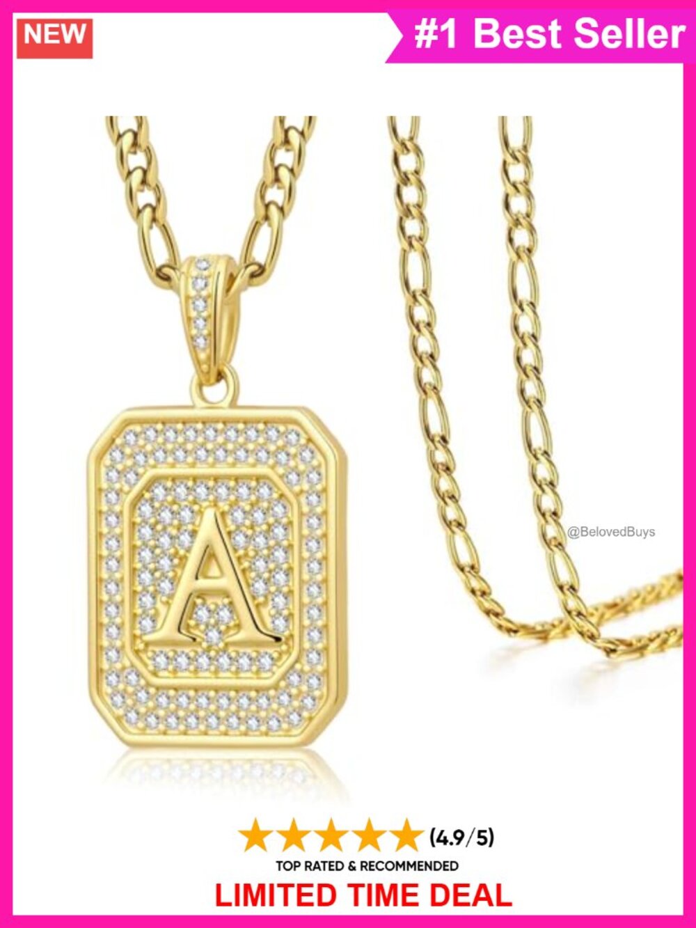 14K/18K Gold Plated Initial Necklace A-Z Letter Pendant Figaro Chain 20+2